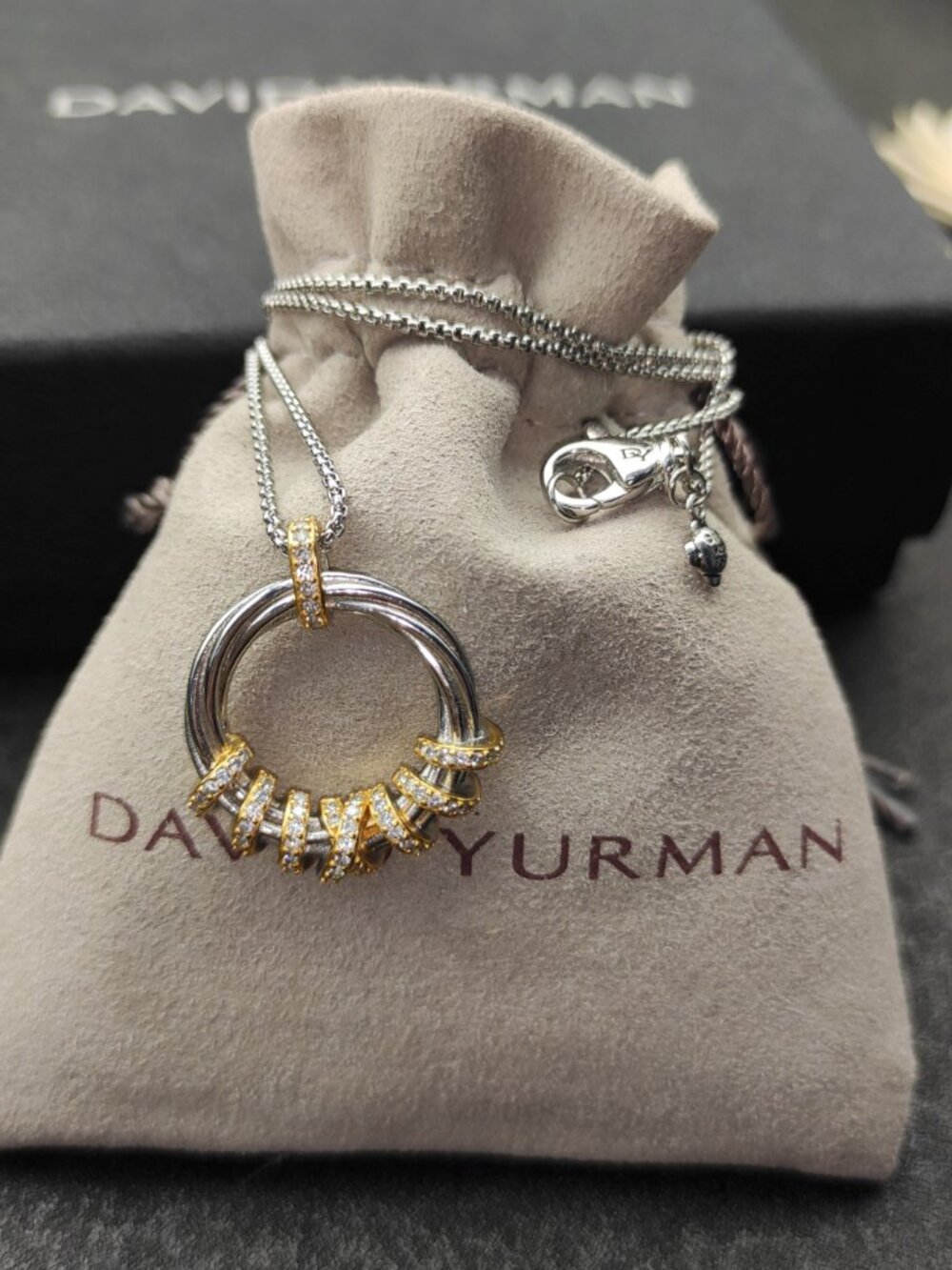 David Yurman Silver & Gold Pavé Circle Pendant Necklace